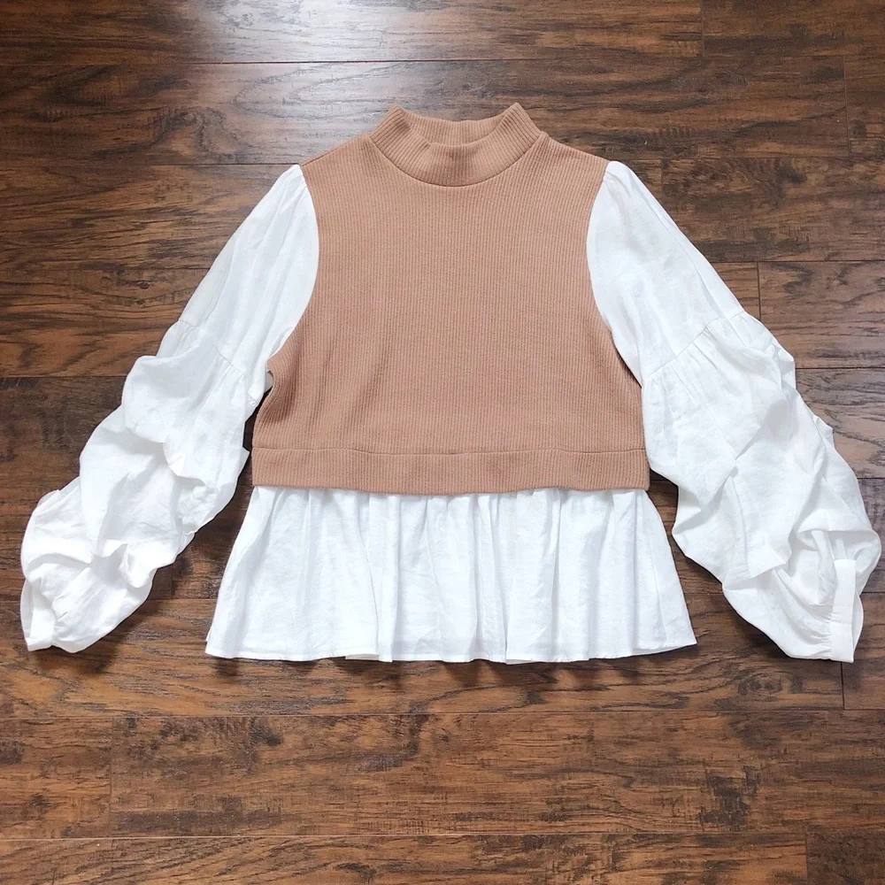 Anthropologie • Ruffled Layered Top tan sweater vest white puff sleeve blouse